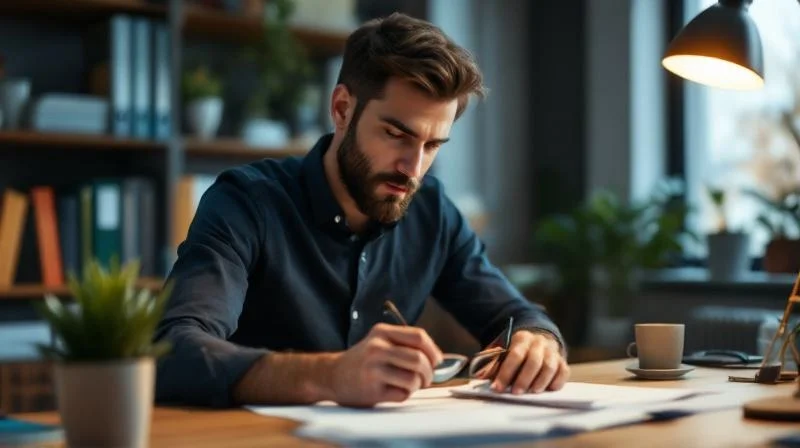 Frau in Witten sitzt am Tisch und berechnet Foerderung fuer den Wirtschaftsfachwirt in NRW
