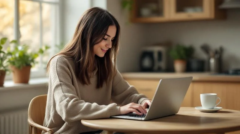 Frau am Laptop in einer modernen Wohnung in Witten plant ihre berufliche Zukunft