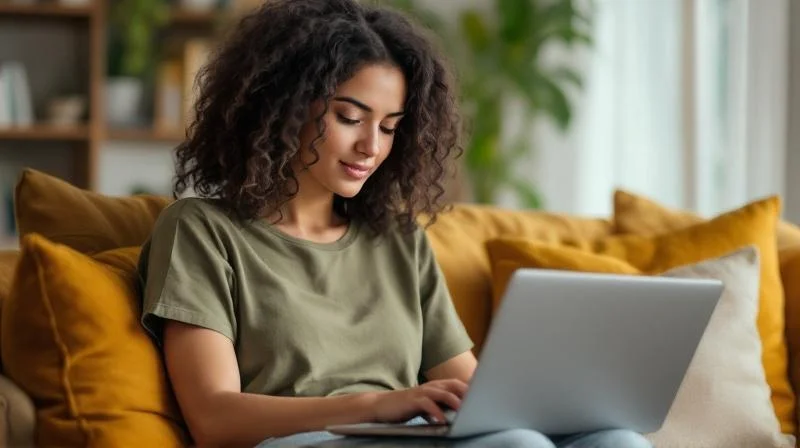 Frau in Witten recherchiert online IHK-Fortbildungsmoeglichkeiten am Laptop