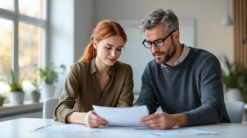 Zwei Personen besprechen Unterlagen an einem Schreibtisch in einem Buero im Ruhrgebiet