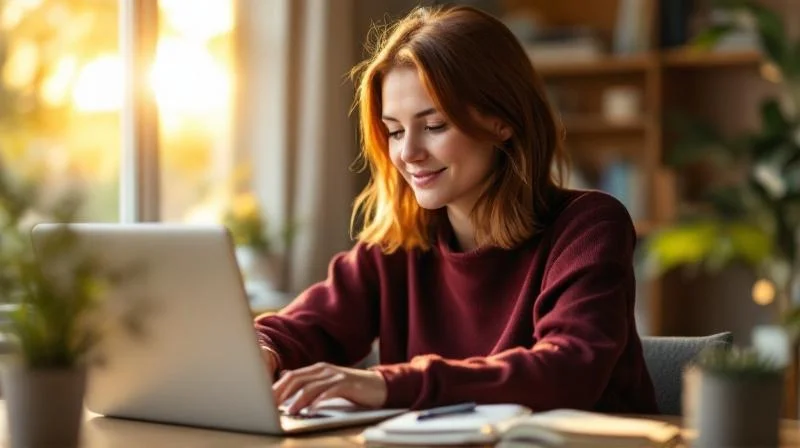 Frau arbeitet berufsbegleitend am Laptop in einem modernen Coworking-Raum in Witten
