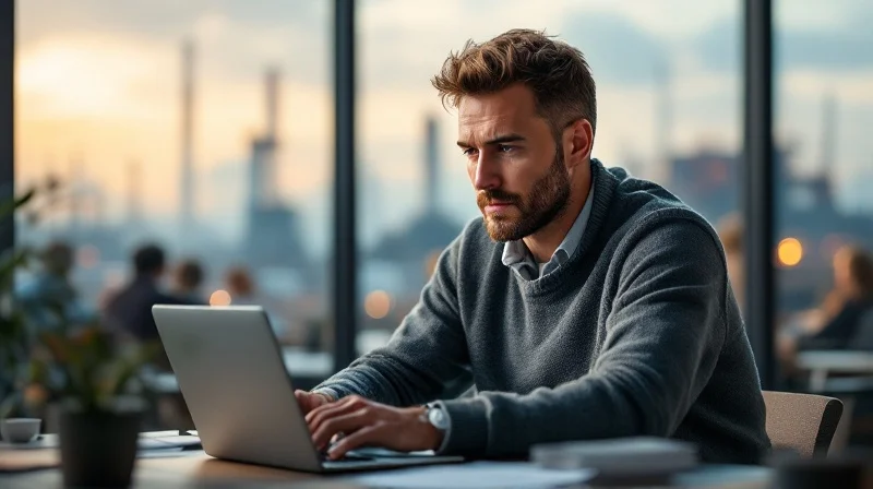 Wittener Angestellter mit Laptop am Schreibtisch, im Hintergrund Stahlwerk-Silhouette und Ruhrtal