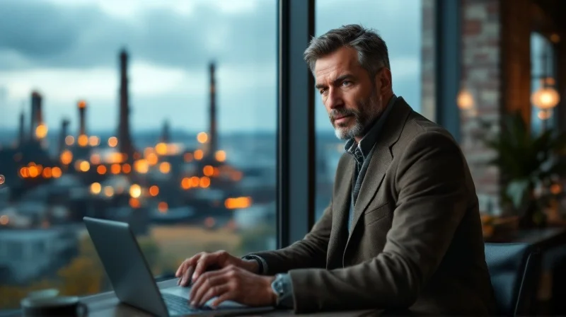 Wittener Geschäftsführer im Büro mit Blick auf Stahlproduktion und Ruhrtal im Hintergrund