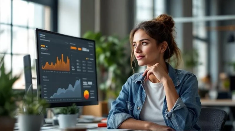 Quereinsteiger in einem Wittener Coworking Space mit Industrie-Datenvisualisierung am Bildschirm