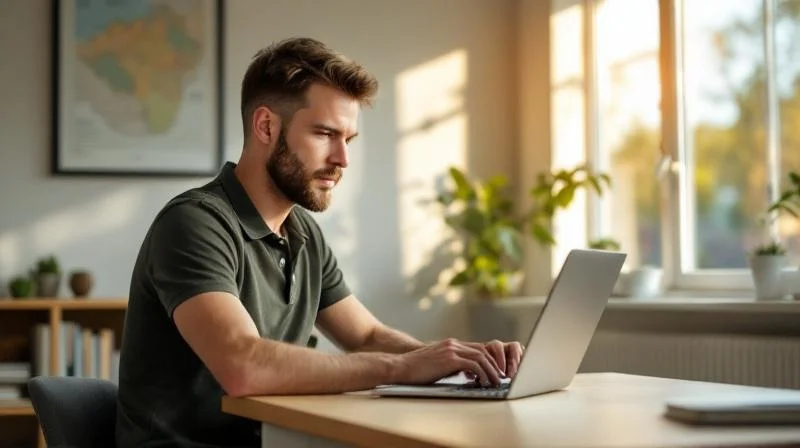 Mann arbeitet konzentriert am Laptop in einem hellen Raum in Witten