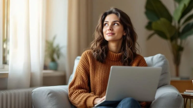 Frau lernt am Laptop in einem hellen Wohnzimmer in Witten an einer Weiterbildung