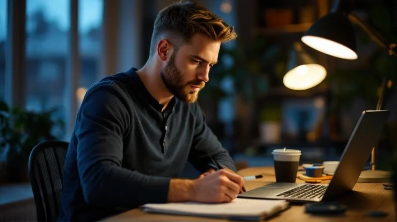 Mann lernt abends am Schreibtisch fuer den Wirtschaftsfachwirt in Witten